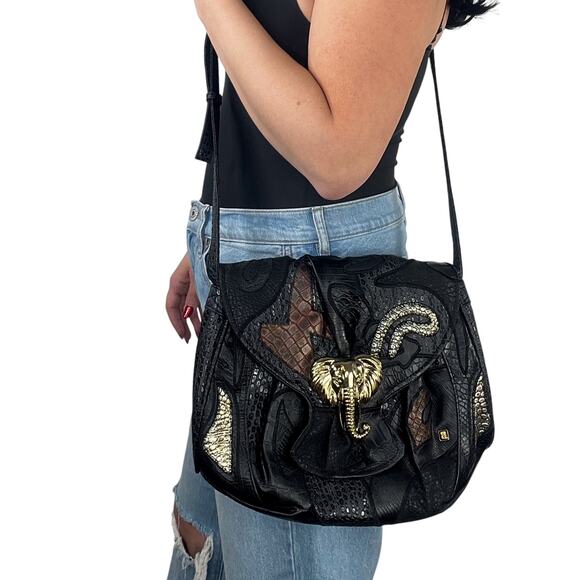 1980s Vintage NAS Black Frogskin Faux Leather Elephant Buckle Shoulder Bag - Picture 11 of 12